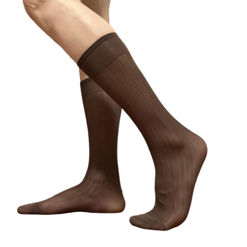 Mens Nylon Sheer Suit Socks Business Dress Socks Elastic Wide Striped See Through Formal Dress Over the Calf Stockings