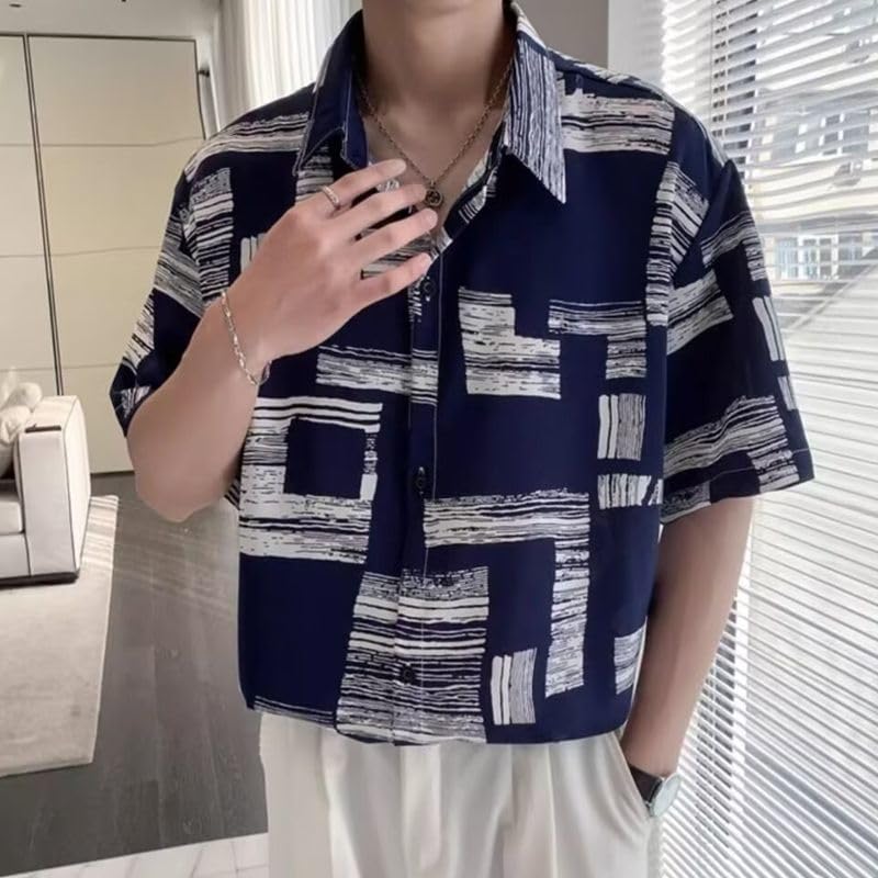 FJLTDCP Striped Short Loose Plus Dress Shirt Men's Shirt, Sleeve, Casual, Business, Fit, Stylish, Sizes, - Blue-XL