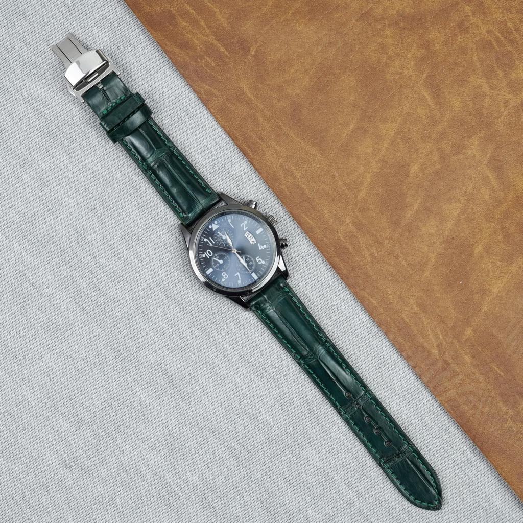[vinacreations] 18mm Green Crocodile Watch Strap with D-Buckle, Men's Crocodile Replacement Watch Band with Quick-Release Spring Bars, Silver Wristban
