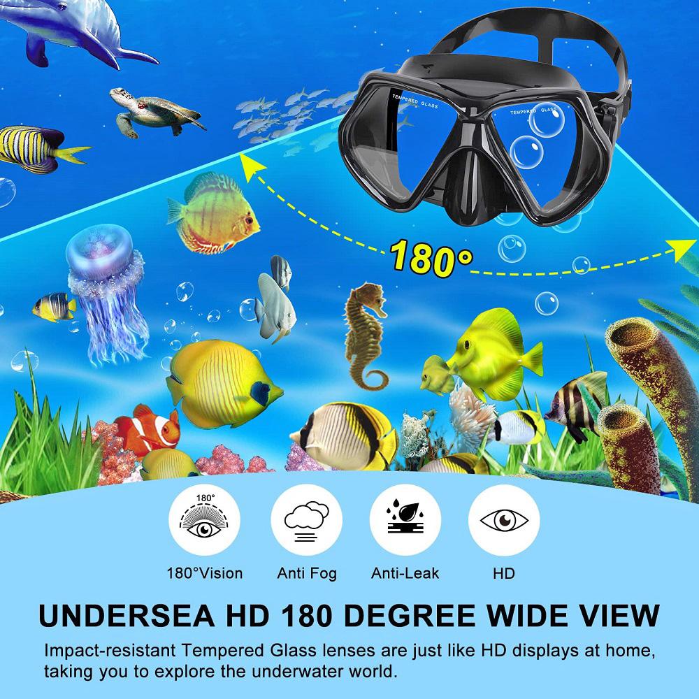 Snorkel Mask Swimming Goggles Diving Training Skirt Tube Silicone Temp Glass Lens Anti-Leak Anti-Fog Wide View Adjustable Strap
