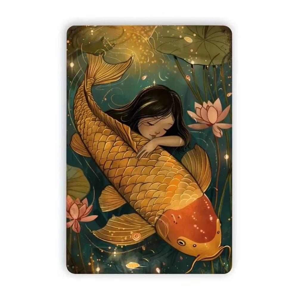 Fantasy Metal Wall Art Decor, Girl with Goldfish, 20x30cm Bedroom Sign