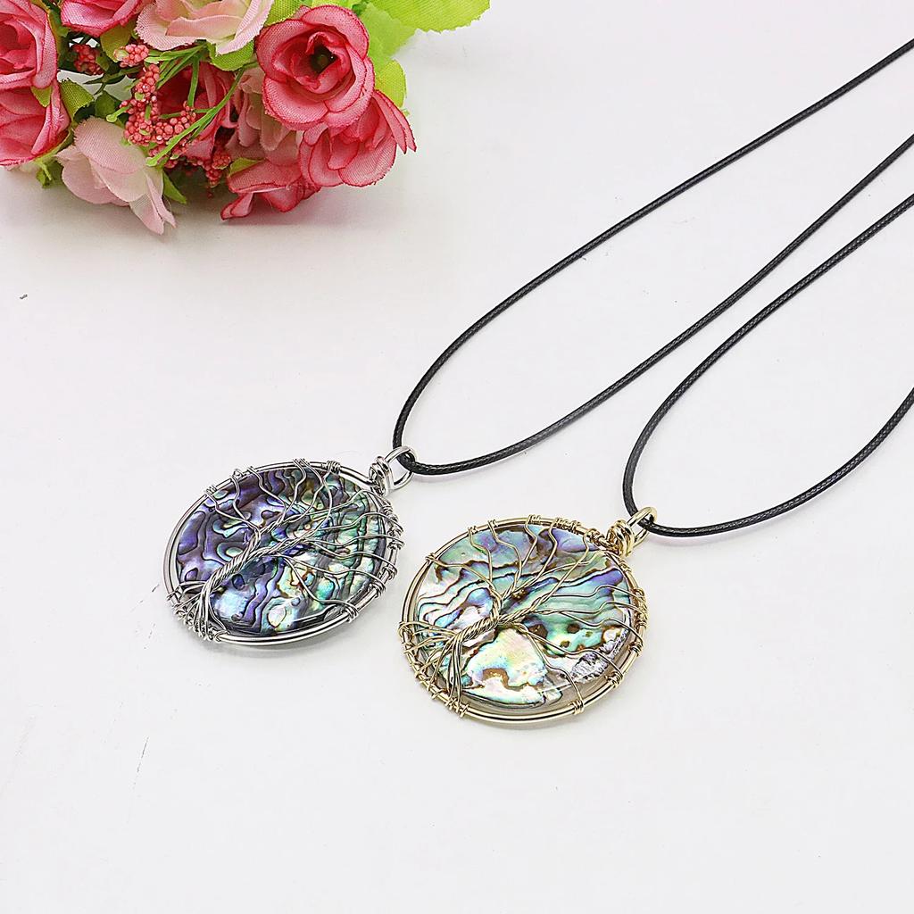 45mm Natural Round Shell Pendant,Tree of Life Necklace,black/white,Men/women Wearable,Complimentary Leather Chain,Friends Gifts