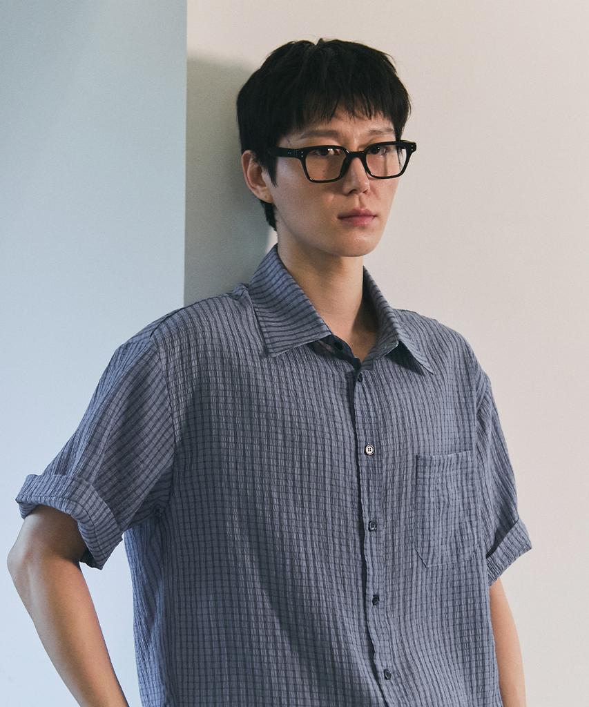 Beullusseonpeullawo Crinkle Check Short Sleeve Shirt [Blue]