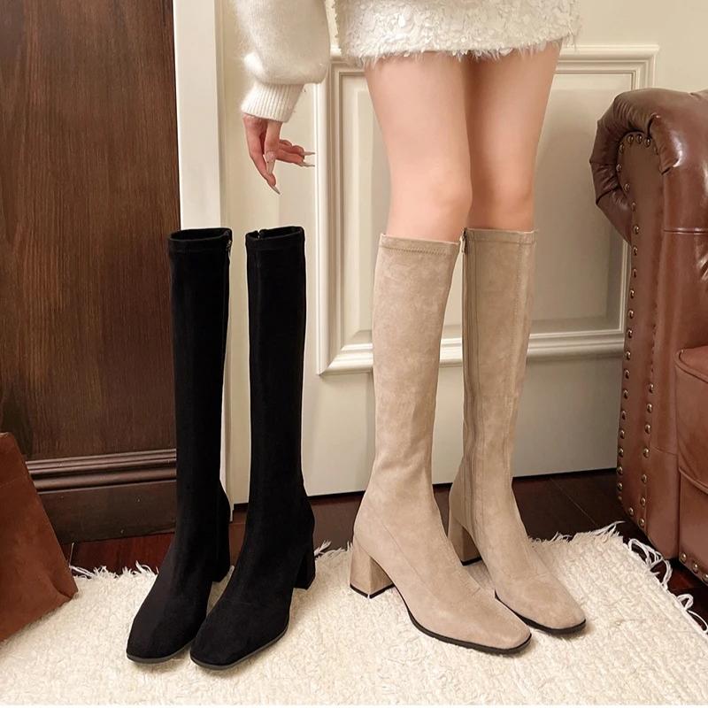 Fashion Women Boots Autumn Winter Elastic Slimming Knee-High Boots Fashion Square Toe Thick Heel Shoes for Women Side Zipper Casual Boot