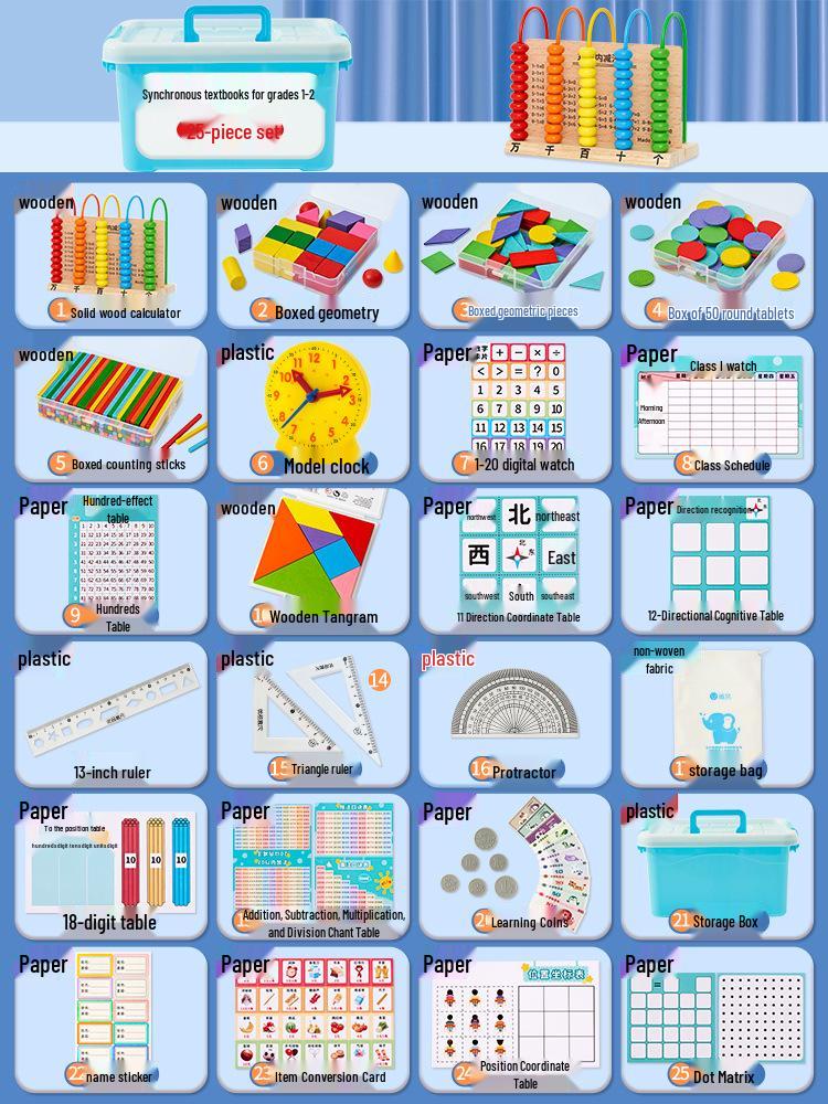First Grade Math Teaching Aid Set with 3D Geometric Figures and Arithmetic Tools