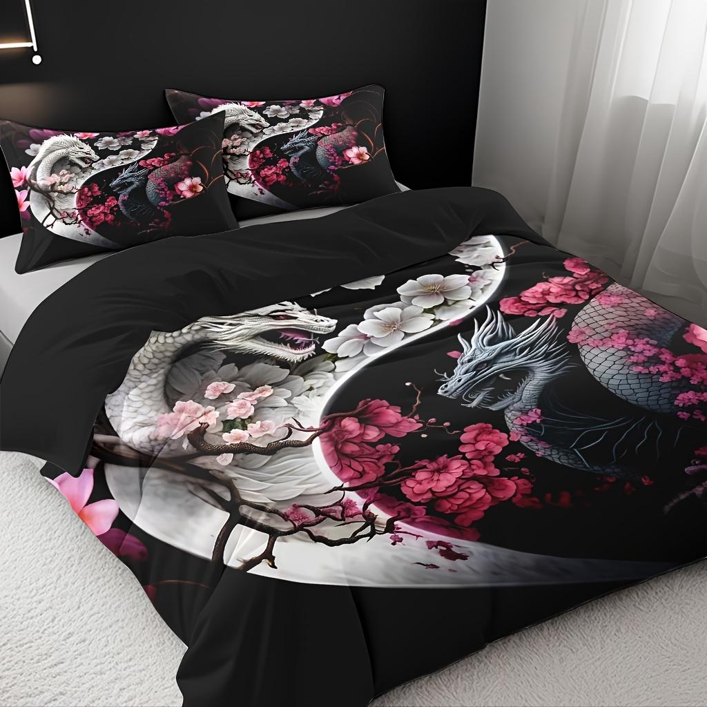 Dragon And Cherry Blossom Duvet Cover Set - Soft High-Definition Digital Print, Black with Pink Blossoms, Soft Breathable
