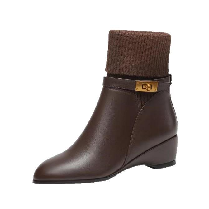 Wedge heel soft leather short boots women's 2025 winter new plush wool mouth medium boots round head casual warm women's boots