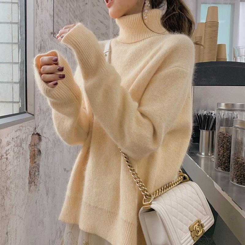 Nerzsamt Rollkragen weicher wachsartiger neuer Mohairpullover Retro-Lazy-Style Strickpullover Herbst- und Winterbekleidung