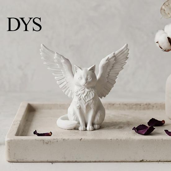 Gentle Aesthetic Decor Angel Cat Desk Ornament, Matte White 3D Printing Figurine, Minimalist Small Decorative Figures Winged Sculpture for Home Office