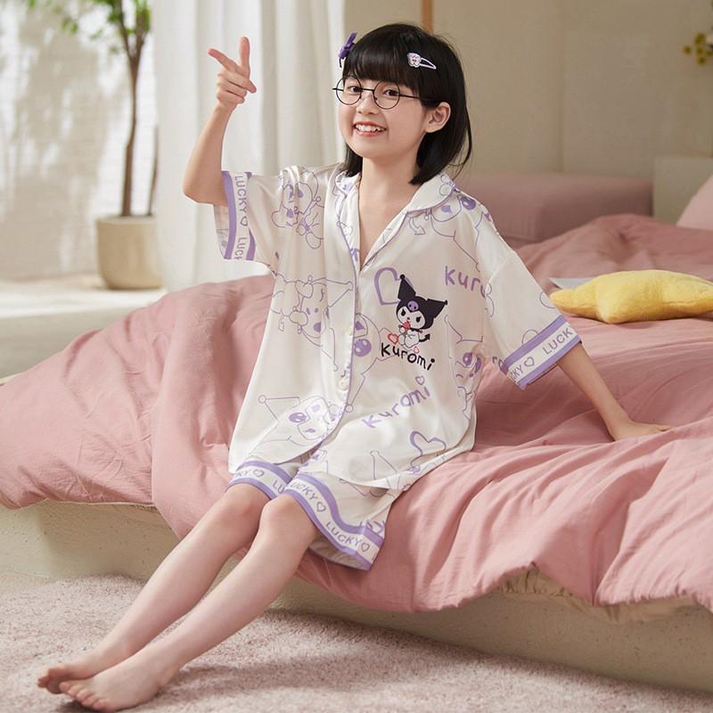 Girls Ice Silk Pajama Set Short Sleeve Cartoon Print Sleepwear 8-14 Years Old Kids