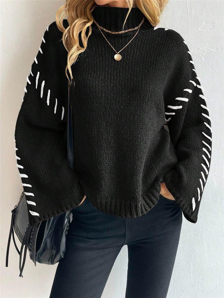 Long Sleeve Casual Loose Knit Sweater New Style High Neck Color Block Design Women's