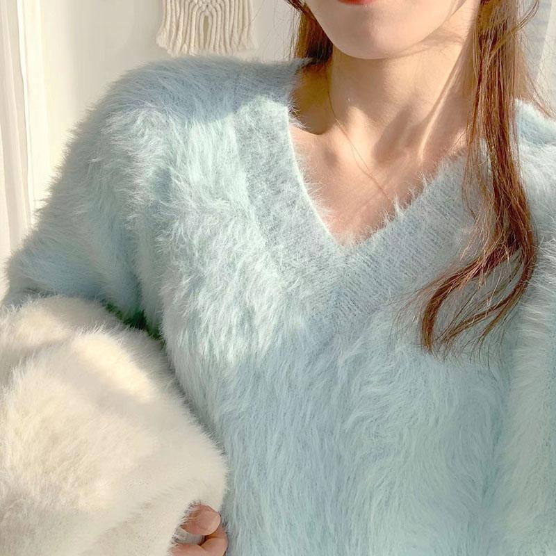 Svetry s výstřihem do V Imitace norky Ženy Pletené svetry zahuštěné Dámské Podzim Zima Teplé Jednobarevné Volné Ležérní svetry