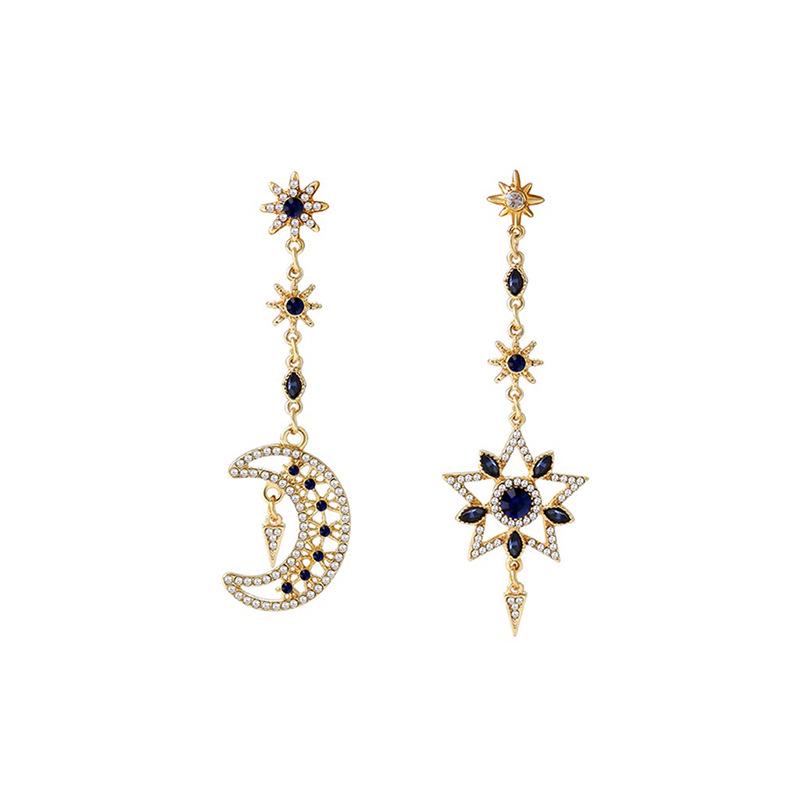 S925 Silver Asymmetrical Star & Moon Earrings with Sapphire