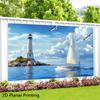 2D Ocean Lighthouse Backdrop, Sailing Boat & Seagull Photography Background for Party