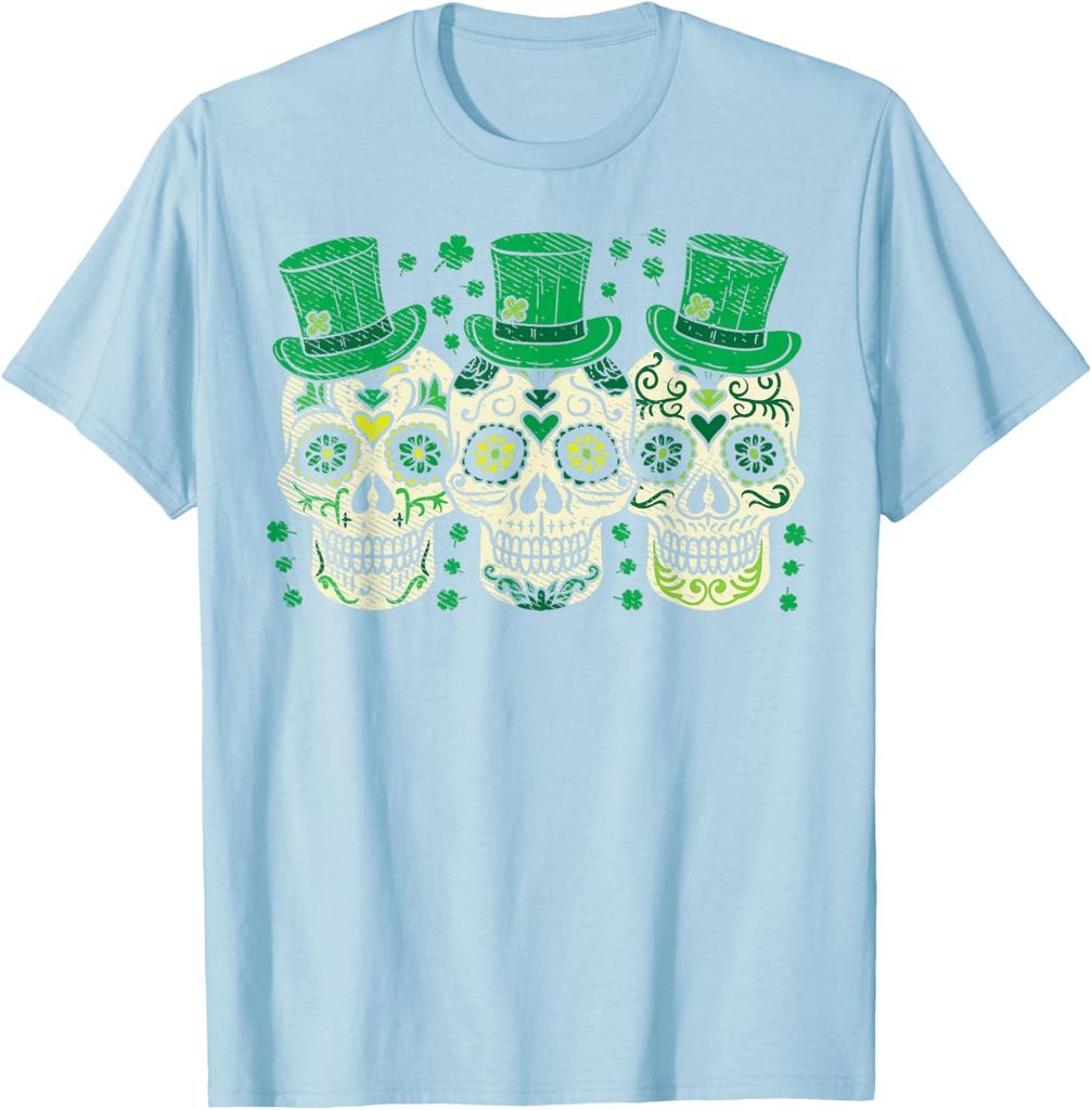 Irish Sugar Skull Leprechaun St Patricks Day Graphic Tee Men Casual Cotton T-Shirt