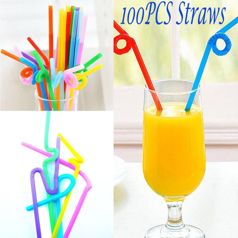 Disposable Color Elbow Plastic Straws 100pcs Flexible Bendable Juice Drink Milk Tea Straws