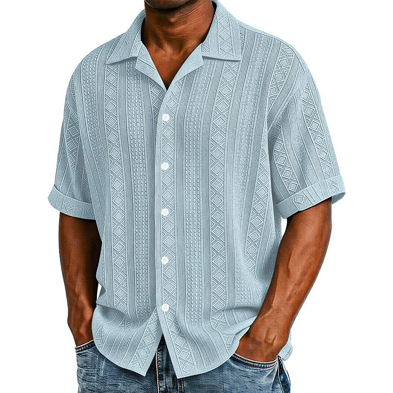 Men Solid Jacquard Short Sleeve Shirt Loose Casual Hawaiian Style Beach Vacation Wear