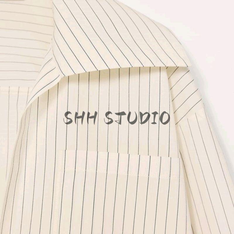 Summer Women's Clothing Casual Style Stickers Pocket Decoration Cotton Striped Slit Lapel Long Sleeve Shirt Tops 5691100