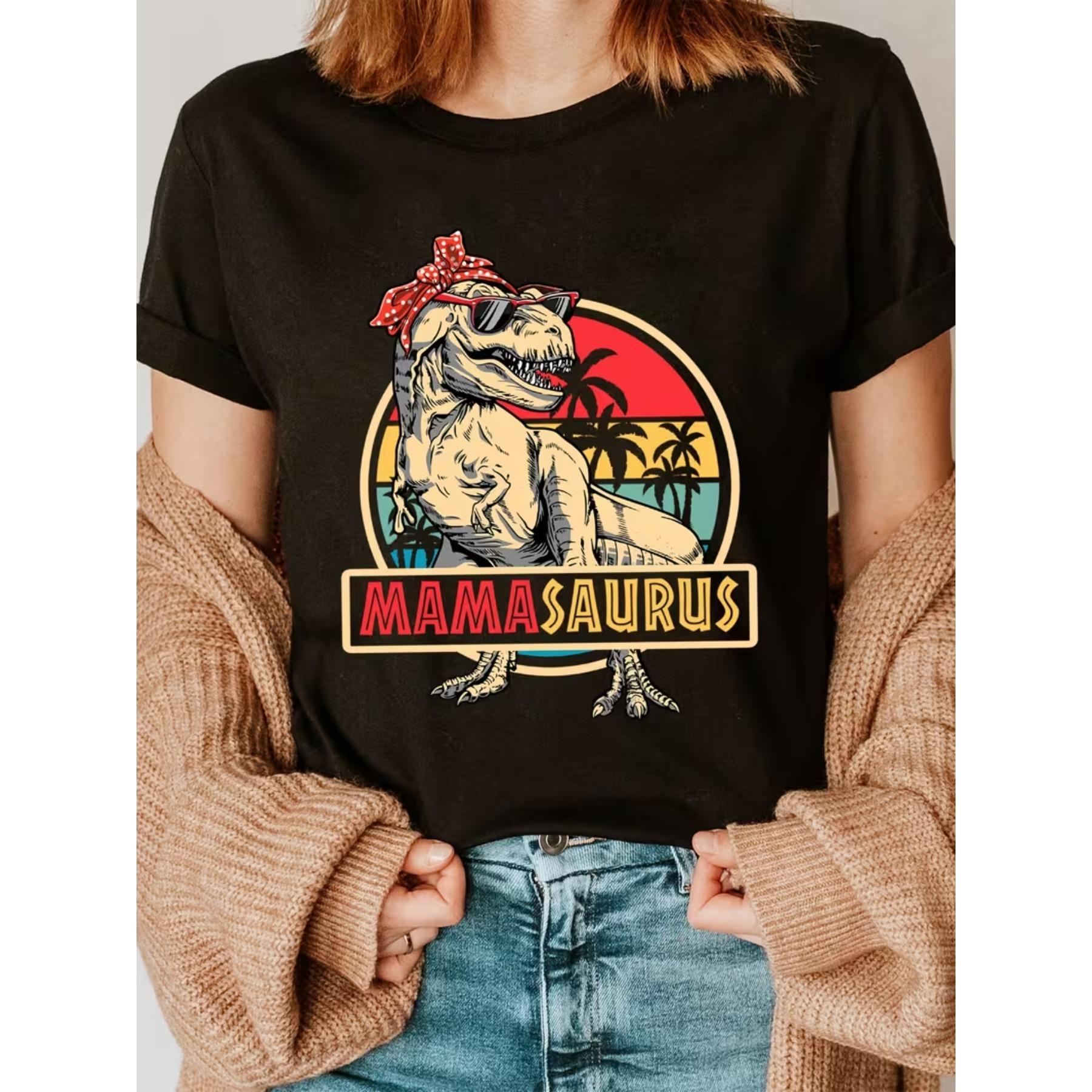 

Black T-Shirt - Short Sleeve Crew Neck Casual Women s Top with Playful T-Rex Glasses & MAMA SAURUS Graphic XXL чорний