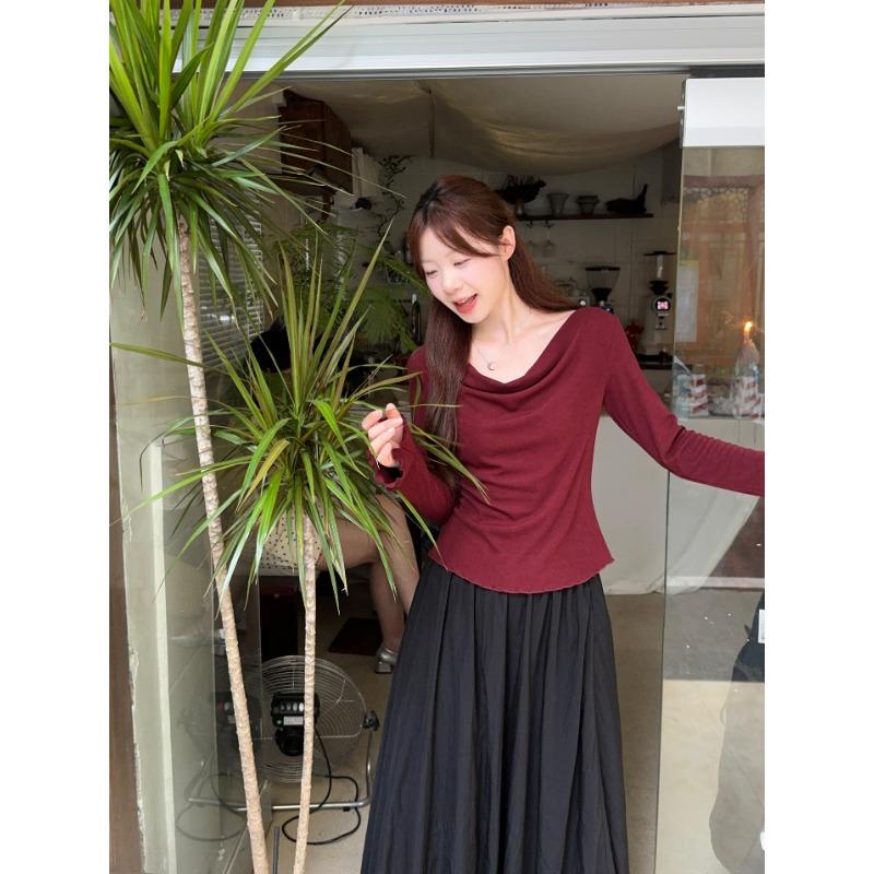 

Темпераментная женская футболка с V-образным вырезом свободного кроя с длинным рукавом, осенне-зимние новинки, изысканный женский красный элегантный пуловер M красный