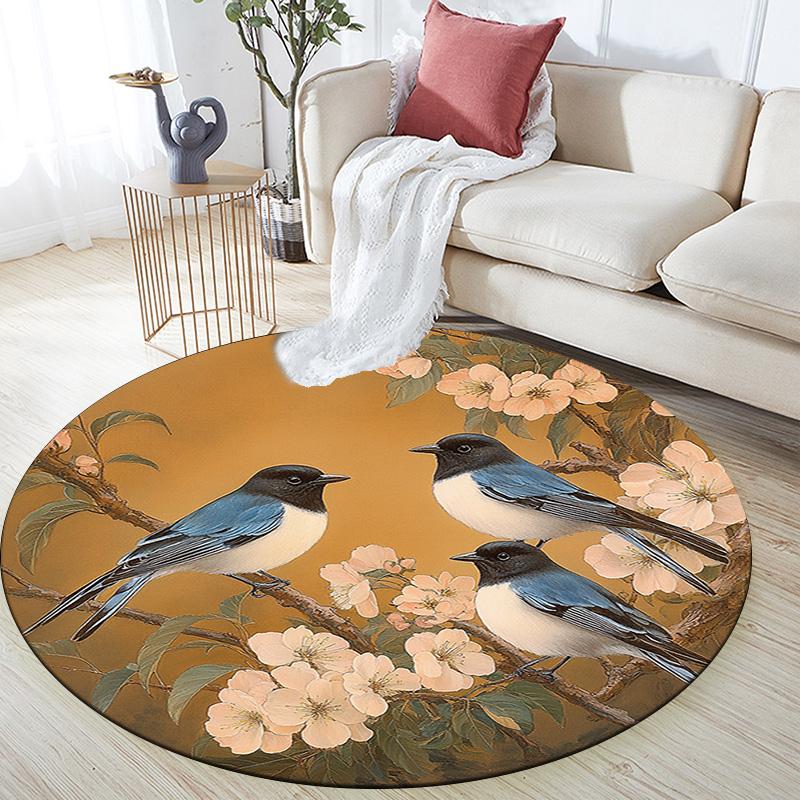 Birds On Branches Round Area Rug,Carpet Rug for Living Room Bedroom Sofa Playroom Decor,Non-slip Floor Mat