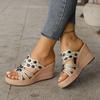 Large size summer new retro casual rhinestone high heel one-character women's wedge heel slippers