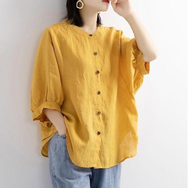Koszula damska z lnu bawełnianego z rękawami typu latarnia, vintage, artystyczny top, luźna bluzka z krótkim rękawem w dużym rozmiarze