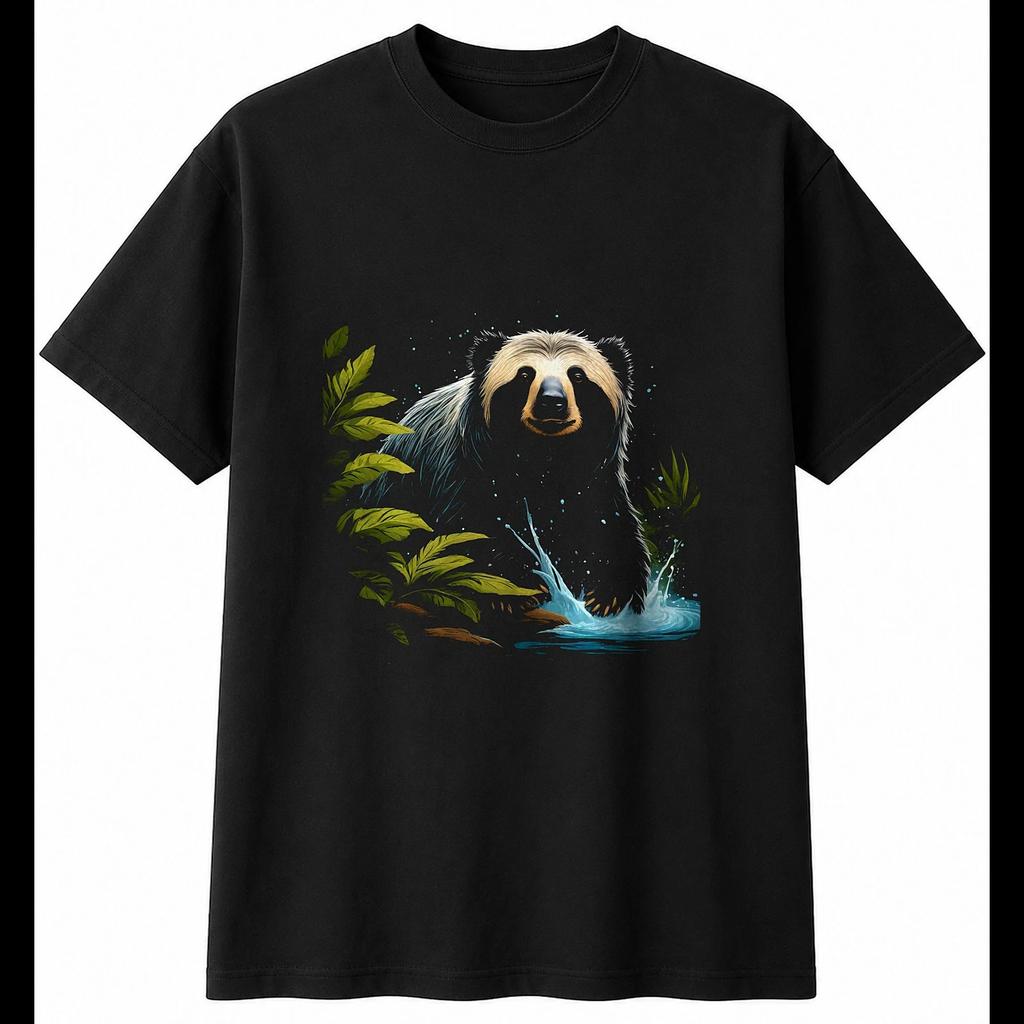 Botanical Sloth Bear in Water Wildlife Mens T-Shirt Black 100% Cotton Printed