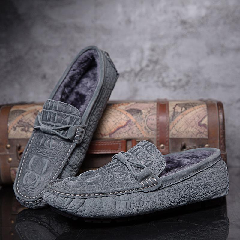 Crocodile Pattern Loafers Men Fashion Slip on Shoes New Comfy Men's Flats Genuine Leather Man Casual Shoes Warm Winter Moccasins