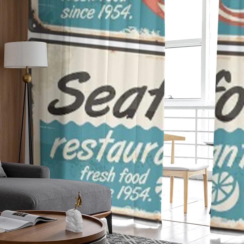 Seafood Restaurant Vintage Signs Chiffon Sheer Curtains for Living Room Bedroom Kitchen Decoration Window Voiles Tulle Curtain