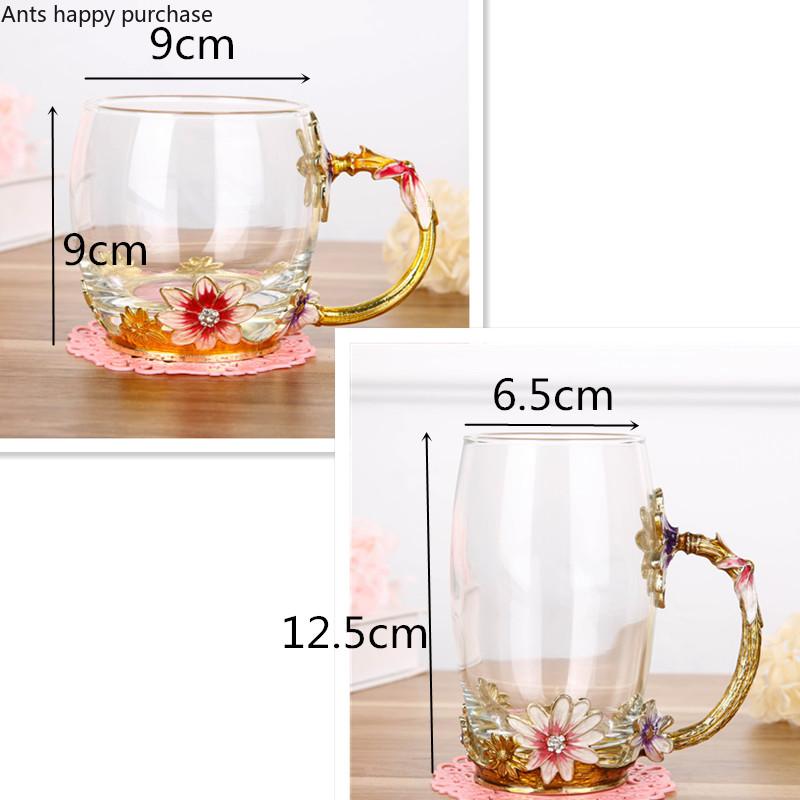Emaliowany Kolorowy Kubek do Herbaty z Kwiatami Domowy Kubek do Wody Salonowy Kubek do Kawy Kryształowy Szklany Kubek do Herbaty z Pokrywką i Łyżeczką Naczynie do Napojów z Uchwytem
