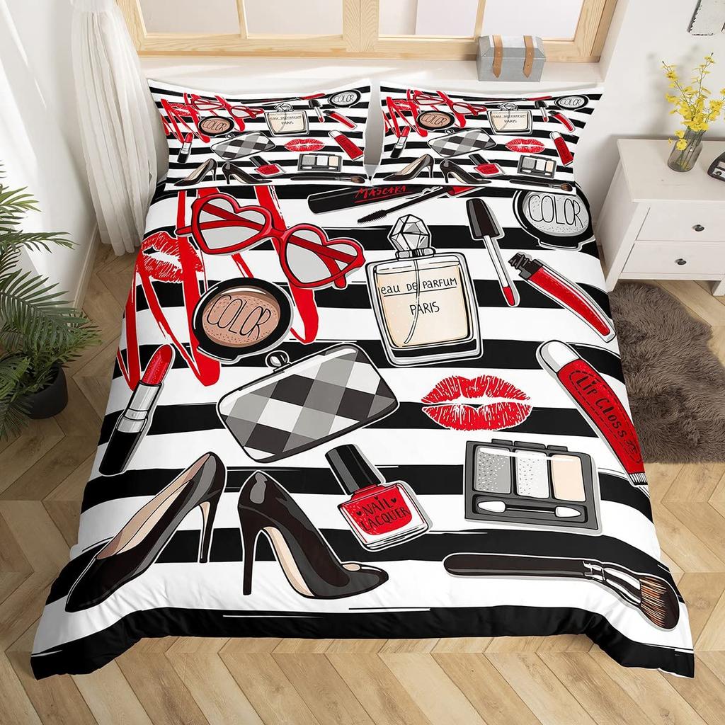 Makeup Duvet Cover Set for Women Queen Size Lightweight Down Quilt Covers Bedroom Decor 2 Pillowcases 1 Duvet Cover No Comforter