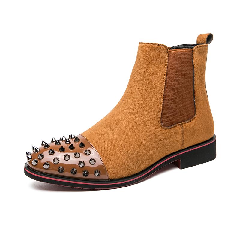 New Winter Pointed Punk Rivet Suede Chelsea Ankle Boots Brown Black Men's Casual Luxury Brand High-top Shoes Zapatos Hombre