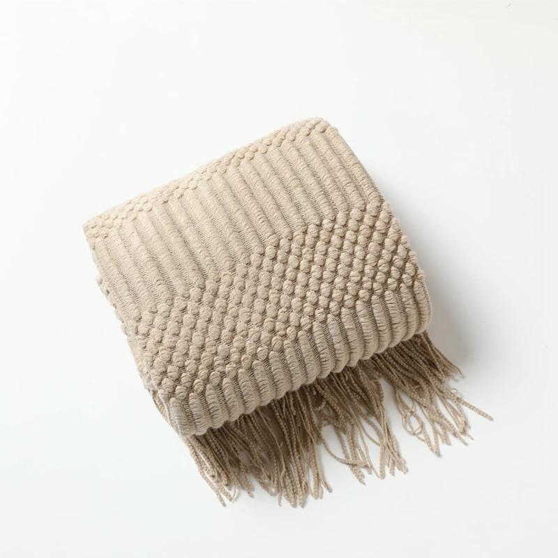 Nordic Knitted Throw Blankets with Tassels Khaki Cream Grey Vintage Blankets Luxury Bed Sofa Couch Oversized Bedspread Cover