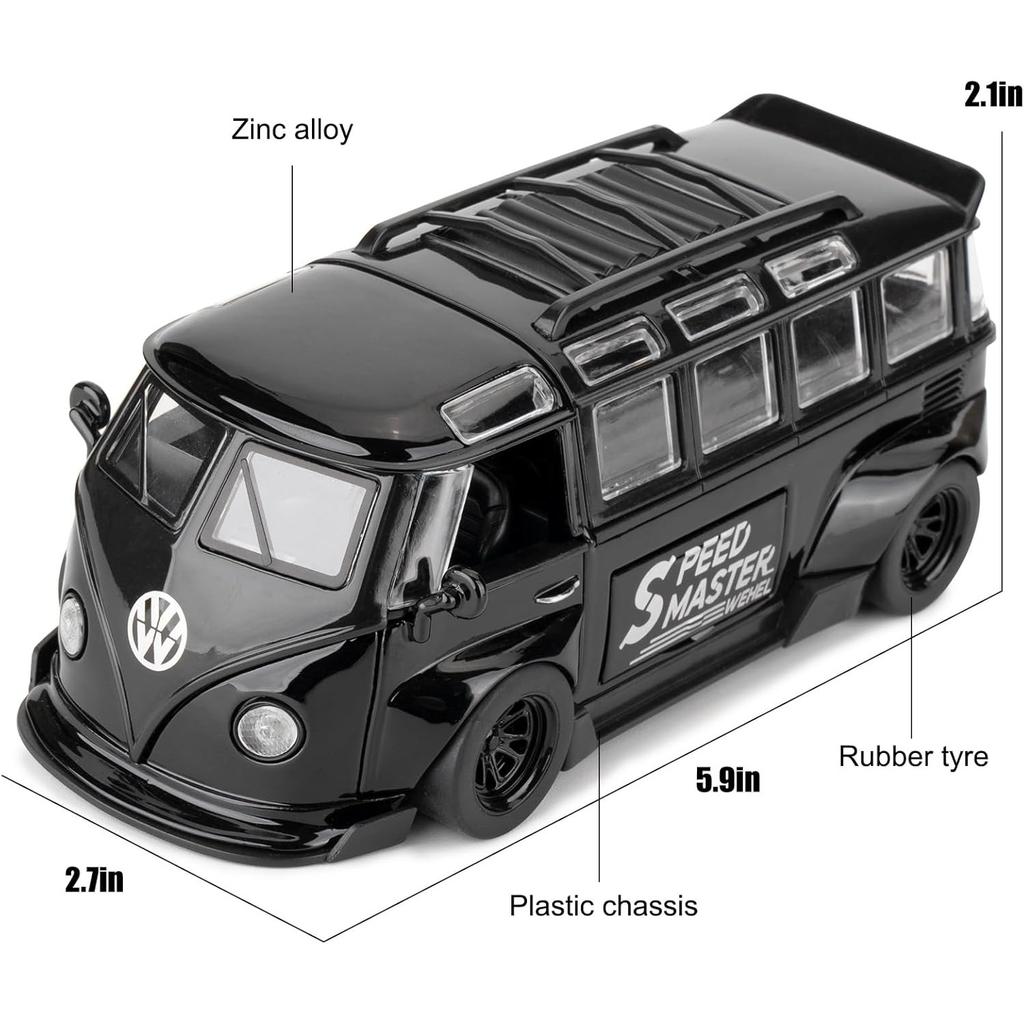 1/32 Scale VK Bus Transporter Model Car with Surfboards Convertible Camping Van, Zinc Alloy Pull Back Toy Car with Sound and Light for Kids Gift