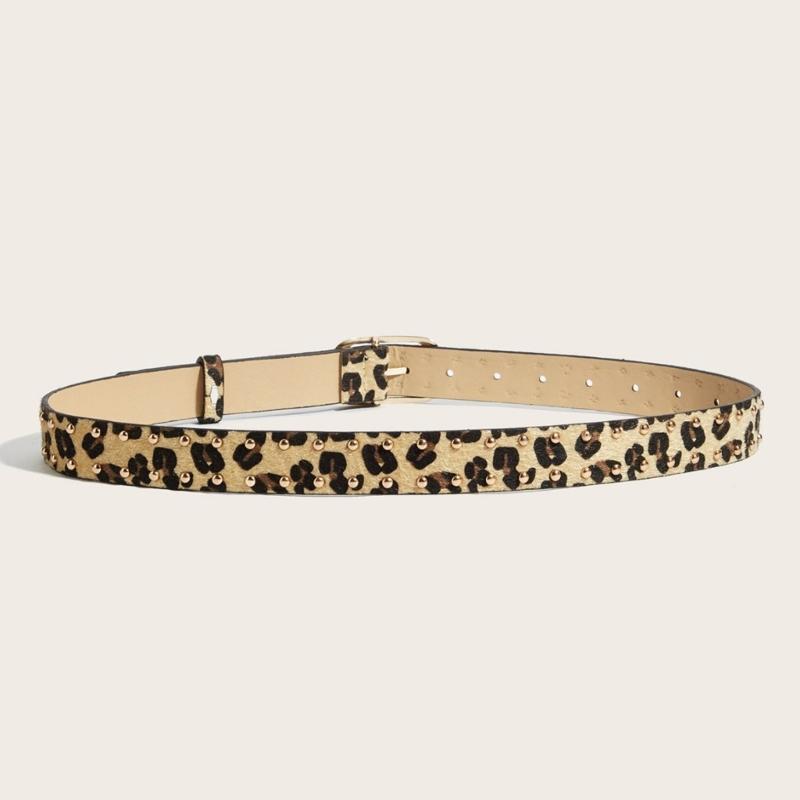 Leopard Print Waist Belt with Horsehair Patchworked Rivets Studded Design for Women Fashion Enthusiasts Music Festival