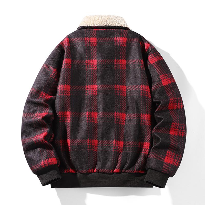 Flip Over Collar with Added Velvet, Thickened Checkered Pattern, Sports and Leisure Outdoor Men's Jacket, Cotton Jacket