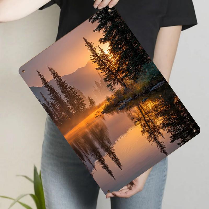 Morning Mist Forest Lake Sunrise Landscape Metal Tin Sign Wall Art Home Decor 20x30cm（7.8x11.8inch）