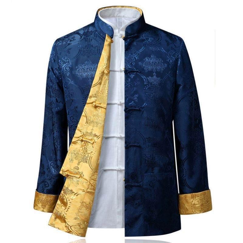 Traditional Chinese Tang Clothing Outer Jacket For Men With Doublesided Wear And Pocket Decor Perfect For Autumn