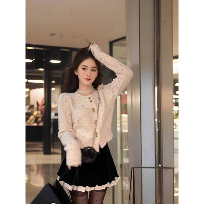 Starry Dot French Style Design Classic Style round Neck Flower Knitting Cardigan + A- line Velvet High Waist Skirt