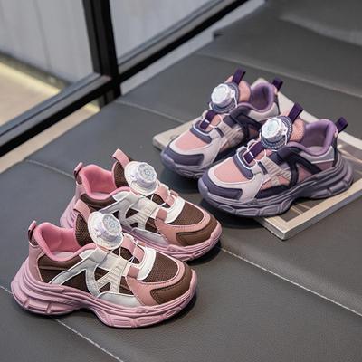 Girls' Running Shoes with Rotating Buttons Kids Sports Shoes Breathable Air Mesh 2024 New Casual Sneakers for School Students