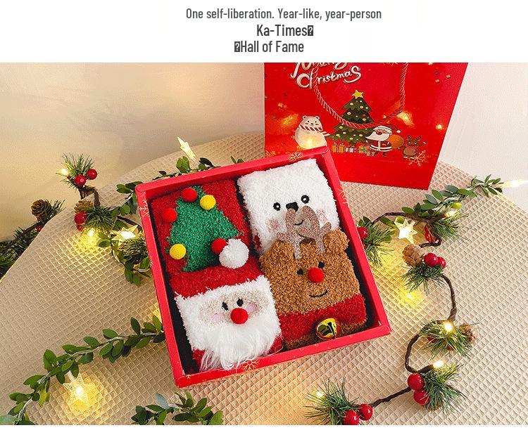 Gift Box: Autumn/Winter Ladies' Cartoon Christmas Socks - Santa Claus Coral Fleece Mid-Calf, Four-Pair Set