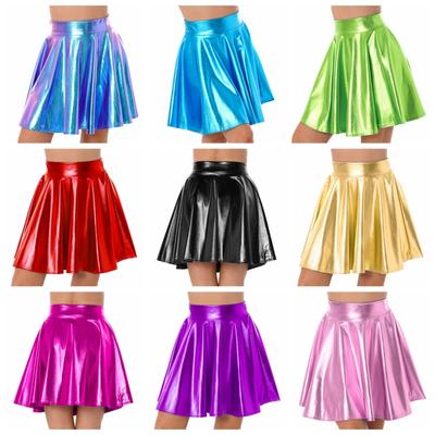Glänzender, ausgestellter Rock mit hoher Taille für Damen, glänzende metallische Rüschen, Kostüm, Party, Tanzbekleidung