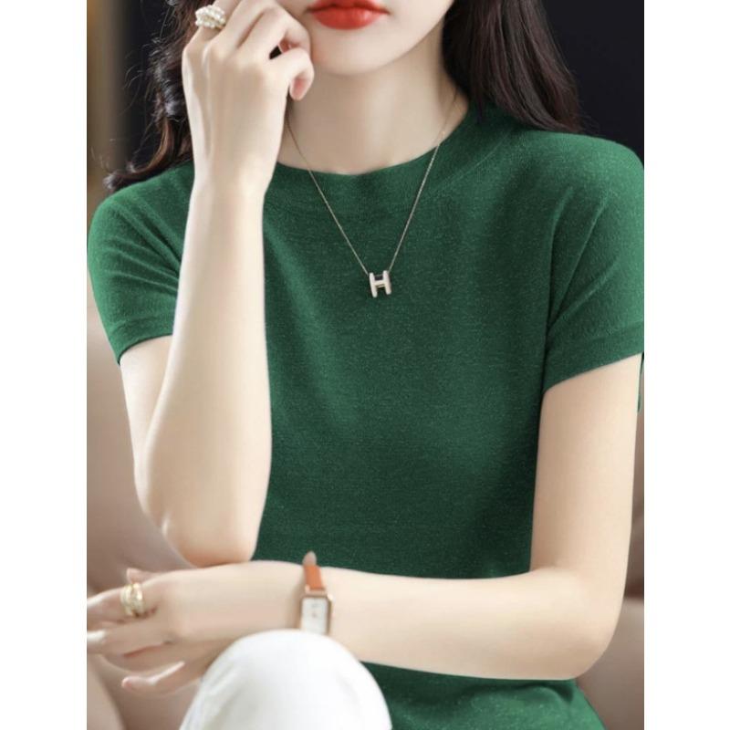 

Женская вязаная футболка с коротким рукавом, свободная футболка из ледяного шелка, дышащая футболка из блестящего шелка 2XL изумрудный