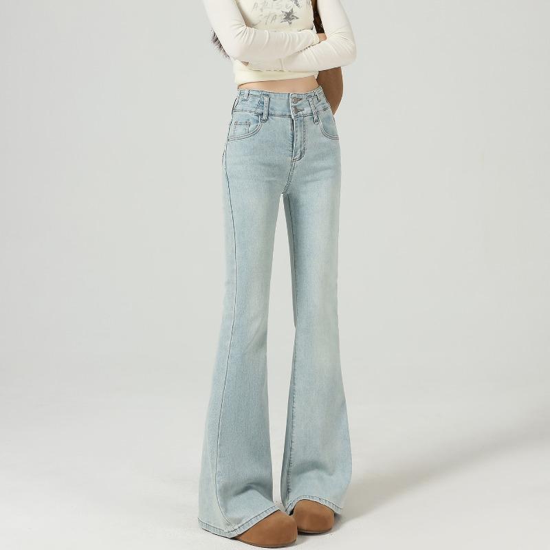 Slightly Pulled Jeans Women's Velvet Trousers New Autumn and Winter Light-colored Elastic High-waisted Thin Horn Pants