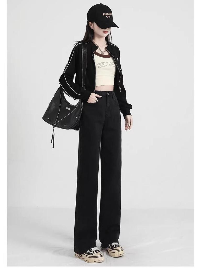 Women's High-Waisted Straight-Leg Black Jeans with Plus Velvet - Slimming & Wide-Leg, Petite Fit, Spring/Autumn 2025.