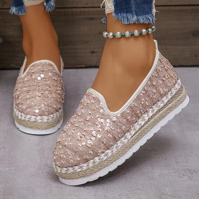 Pink Sequin Espadrilles Womens Shoes Flat Stylish Trendy Footwear Fashion-Forward Females Loafers Casual Slip-on Grass Woven