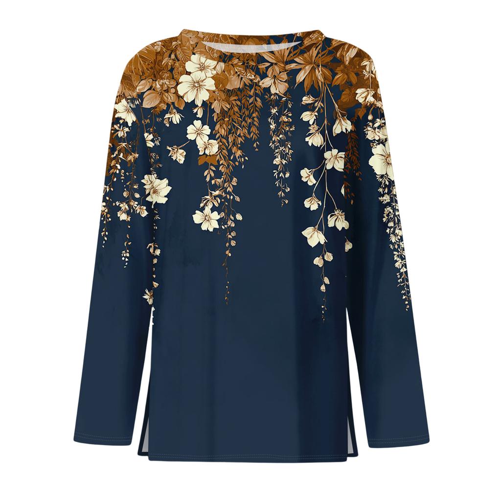 Women's Fashion Casual Slit Hem Round Neck Long Sleeve Loose Printed T-Shirt Ladies Top Christmas