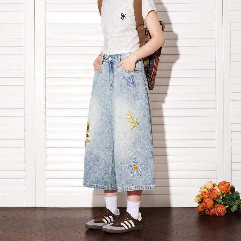 ICH MODE Sunflower Embroidered High-Waist Wide-Leg Jeans for Women 2XL