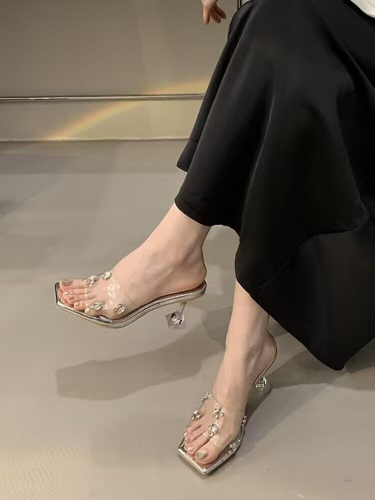 Summer new white word with rhinestone open-toed sexy crystal high heels transparent square head cool slippers